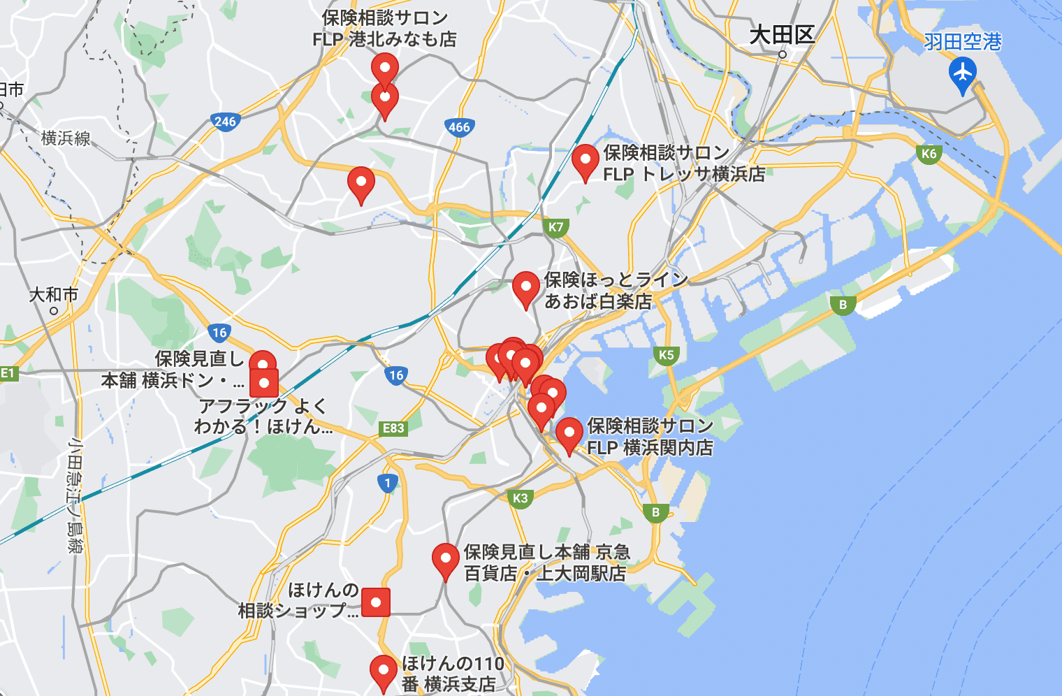 横浜の保険相談窓口のマップ